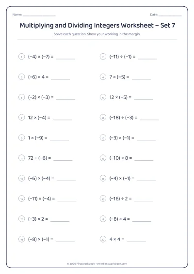 multiplying and dividing integers maths worksheet