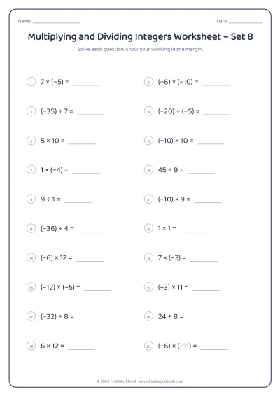 multiplying and dividing integers maths worksheet