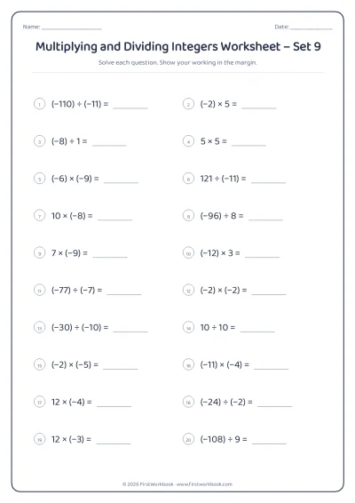 multiplying and dividing integers maths worksheet