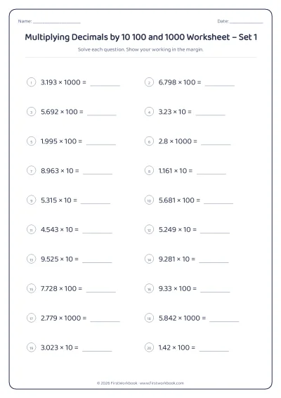 multiplying decimals by 10 100 and 1000 maths worksheet