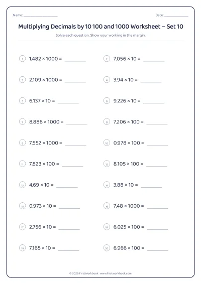 multiplying decimals by 10 100 and 1000 maths worksheet