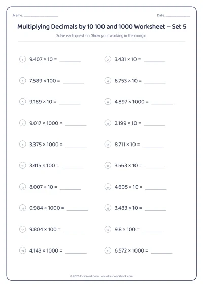 multiplying decimals by 10 100 and 1000 maths worksheet