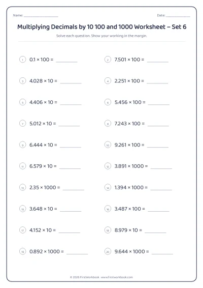 multiplying decimals by 10 100 and 1000 maths worksheet