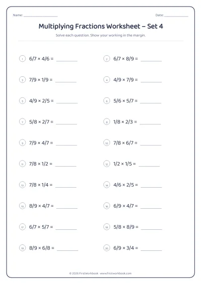 multiplying fractions maths worksheet