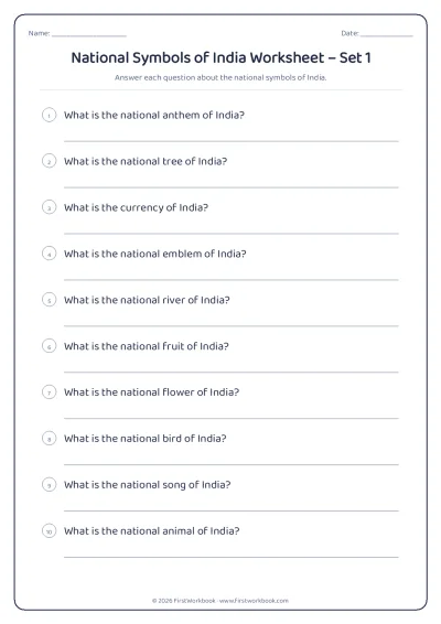 national symbols of india GK worksheet for kids