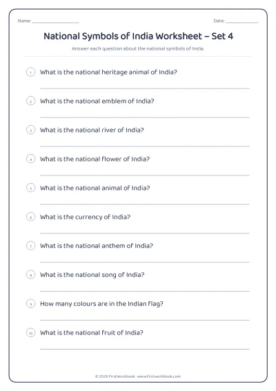 national symbols of india GK worksheet for kids