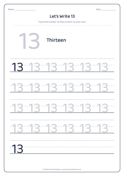 number 13 tracing worksheet with handwriting lines