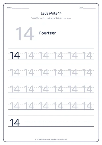 number 14 tracing worksheet with handwriting lines