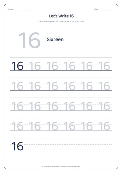 number 16 tracing worksheet with handwriting lines