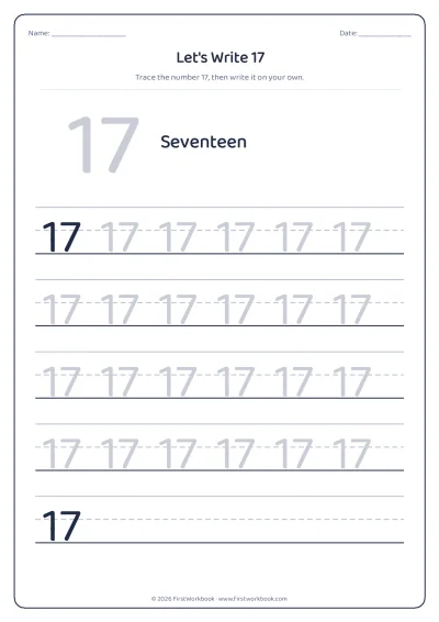 number 17 tracing worksheet with handwriting lines