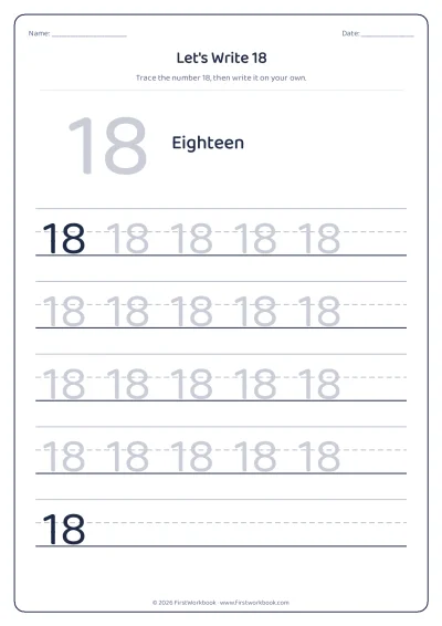 number 18 tracing worksheet with handwriting lines