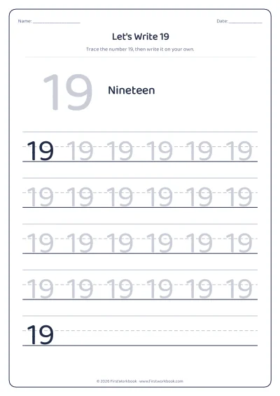 number 19 tracing worksheet with handwriting lines