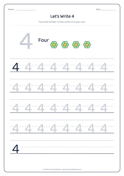 number 4 tracing worksheet with handwriting lines