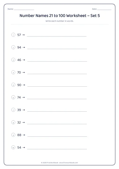 number names worksheet 21 to 100