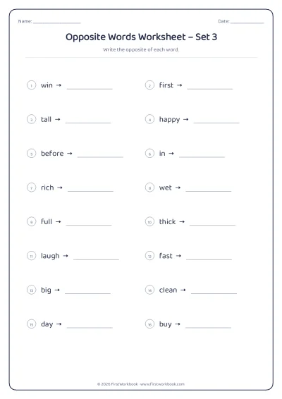 opposite words English grammar worksheet