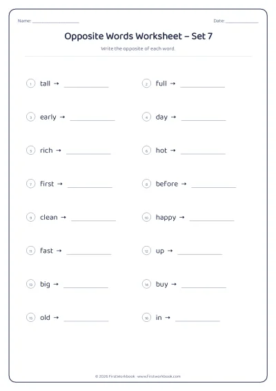 opposite words English grammar worksheet