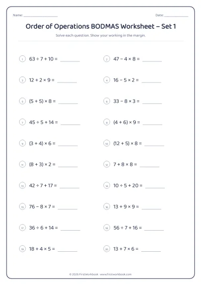 order of operations bodmas maths worksheet