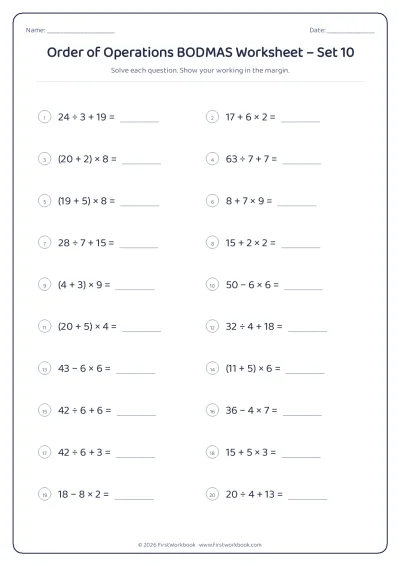 order of operations bodmas maths worksheet