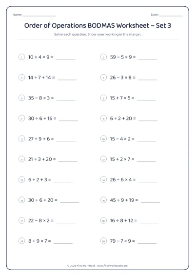order of operations bodmas maths worksheet