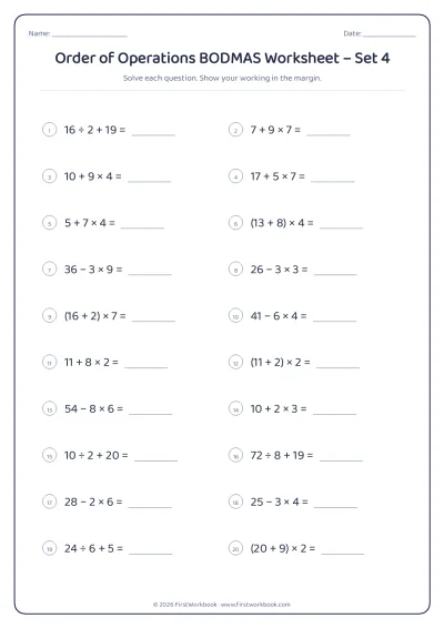 order of operations bodmas maths worksheet