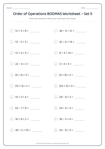 order of operations bodmas maths worksheet