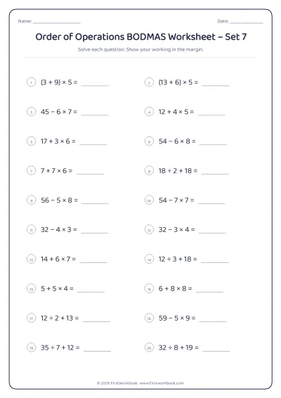 order of operations bodmas maths worksheet