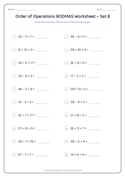 order of operations bodmas maths worksheet