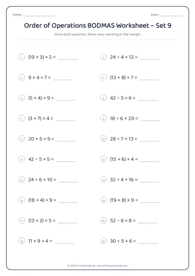 order of operations bodmas maths worksheet