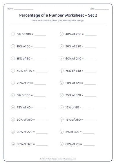 percentage of a number maths worksheet