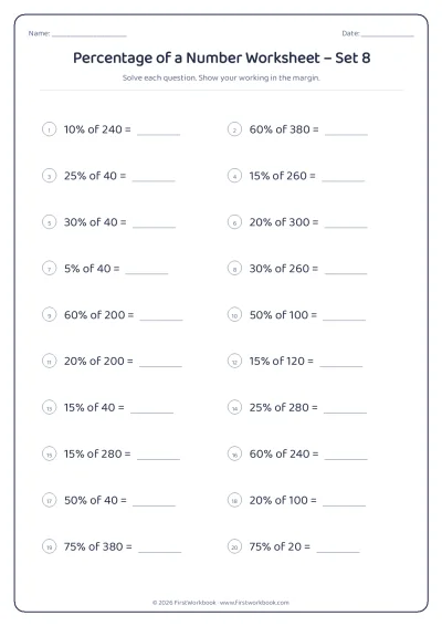 percentage of a number maths worksheet