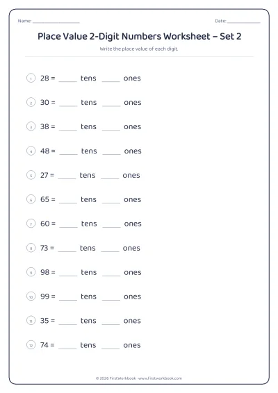 place value worksheet for 2-Digit numbers