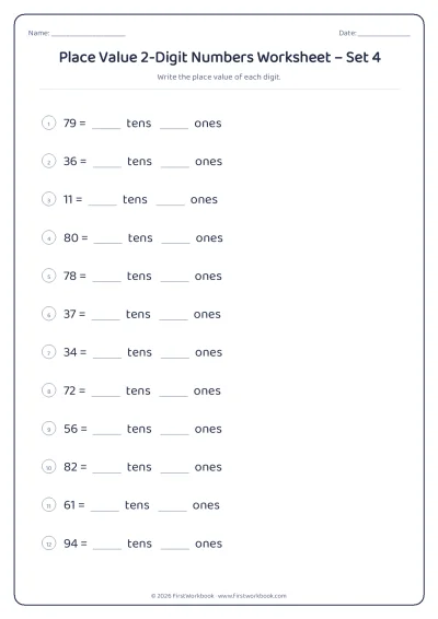 place value worksheet for 2-Digit numbers