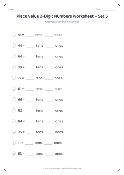 place value worksheet for 2-Digit numbers