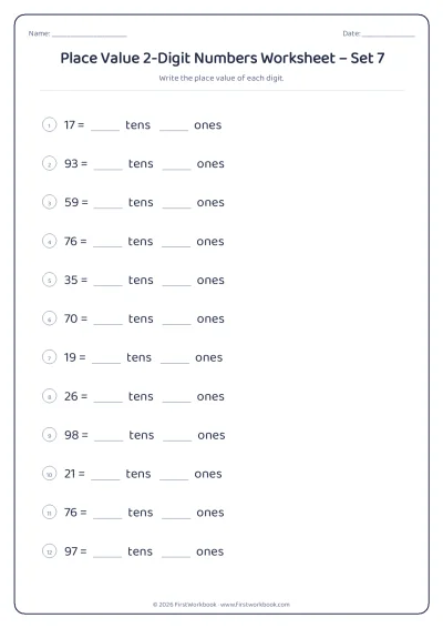 place value worksheet for 2-Digit numbers