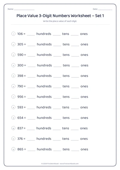 place value worksheet for 3-Digit numbers