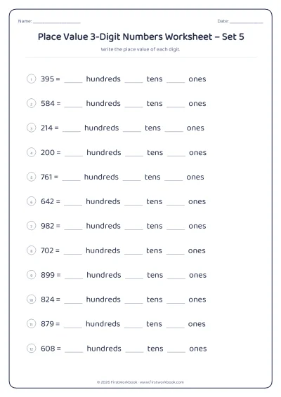 place value worksheet for 3-Digit numbers