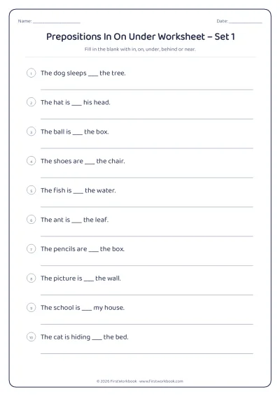 prepositions in on under English grammar worksheet