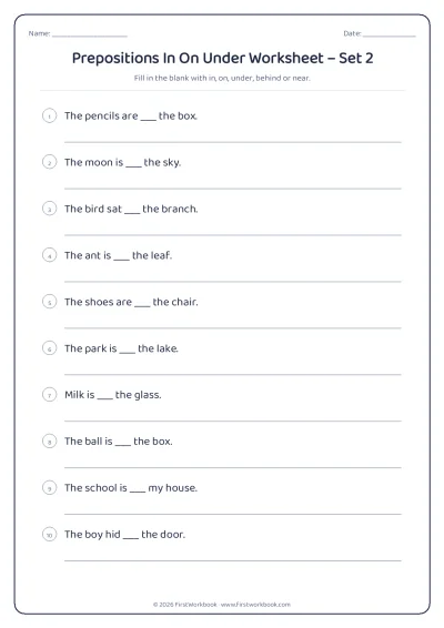 prepositions in on under English grammar worksheet