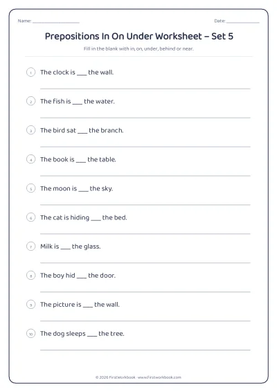 prepositions in on under English grammar worksheet