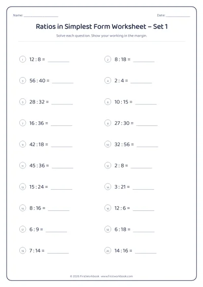 ratios in simplest form maths worksheet