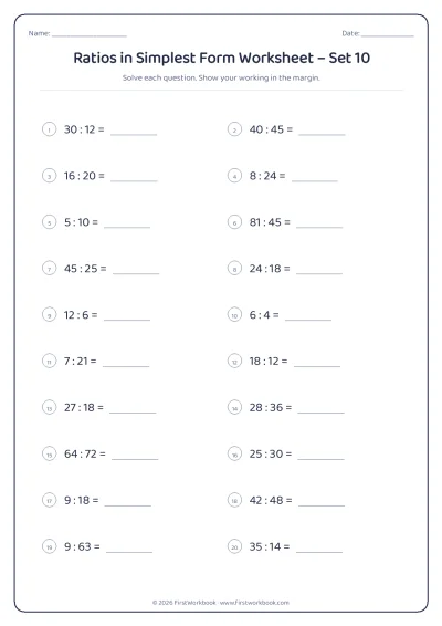 ratios in simplest form maths worksheet
