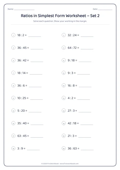 ratios in simplest form maths worksheet