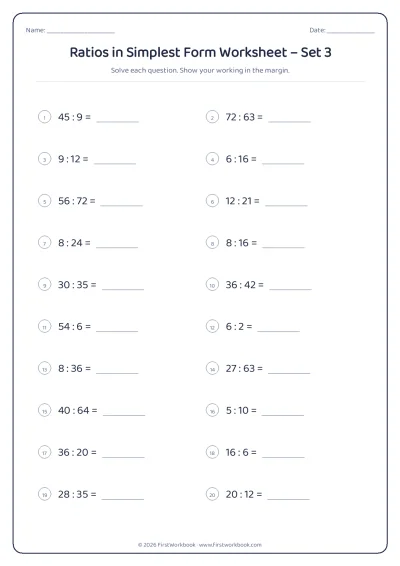 ratios in simplest form maths worksheet