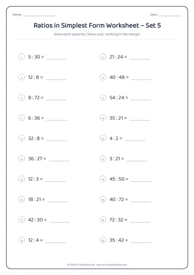 ratios in simplest form maths worksheet