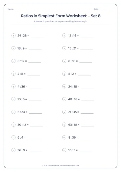 ratios in simplest form maths worksheet