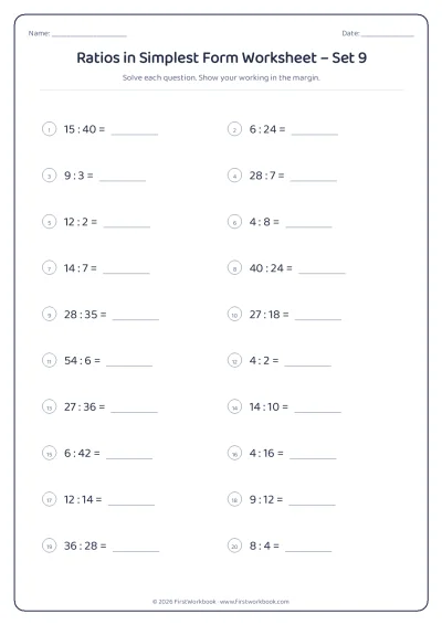 ratios in simplest form maths worksheet
