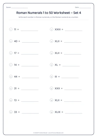 Roman numerals worksheet 1 to 50