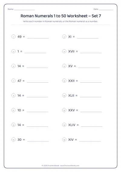 Roman numerals worksheet 1 to 50