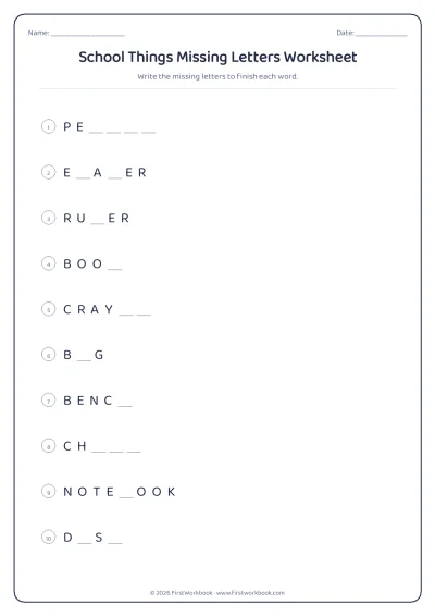 school things missing letters spelling worksheet