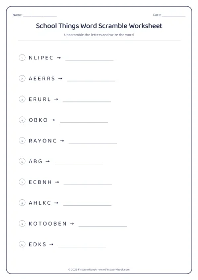 school things word scramble worksheet